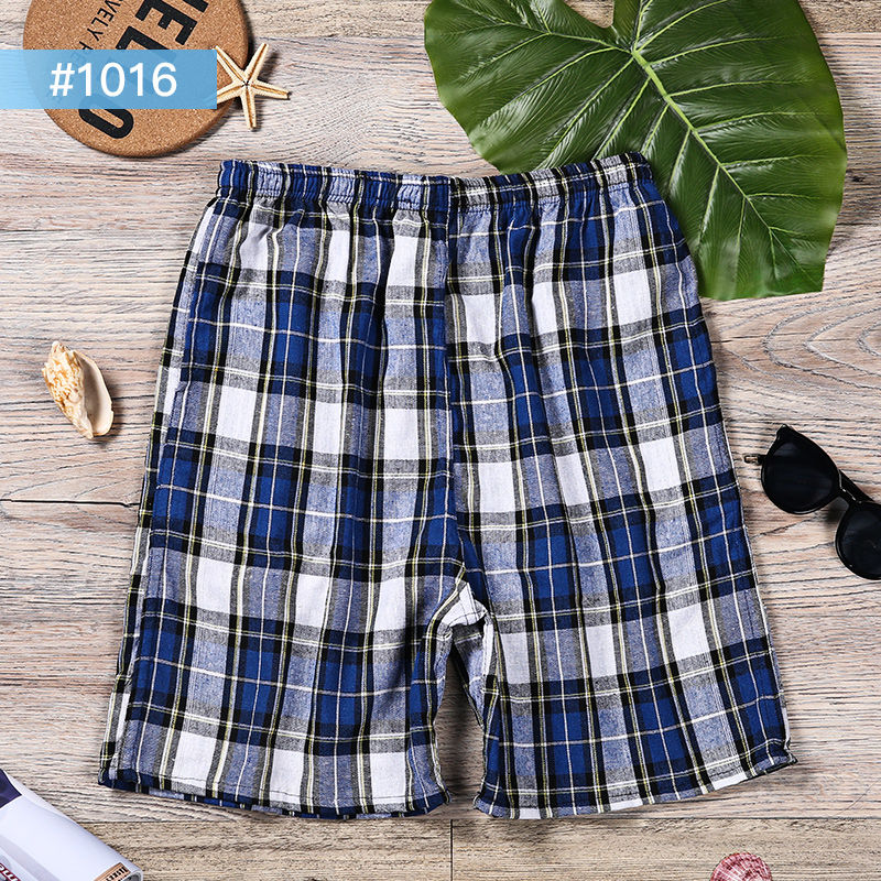 Summer pure cotton and hemp beach pants men's loose casual five point pajamas large Plaid Shorts men's fast dry large underpants thin