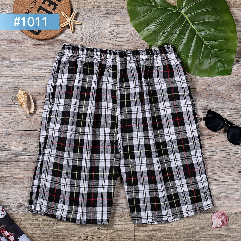 Summer pure cotton and hemp beach pants men's loose casual five point pajamas large Plaid Shorts men's fast dry large underpants thin