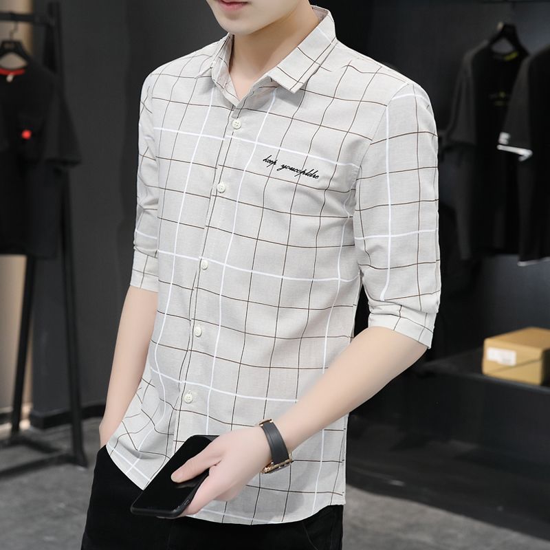 Summer shirt men's short-sleeved Korean version of self-cultivation men's casual five-quarter sleeve shirt trendy handsome men's middle-sleeved shirt