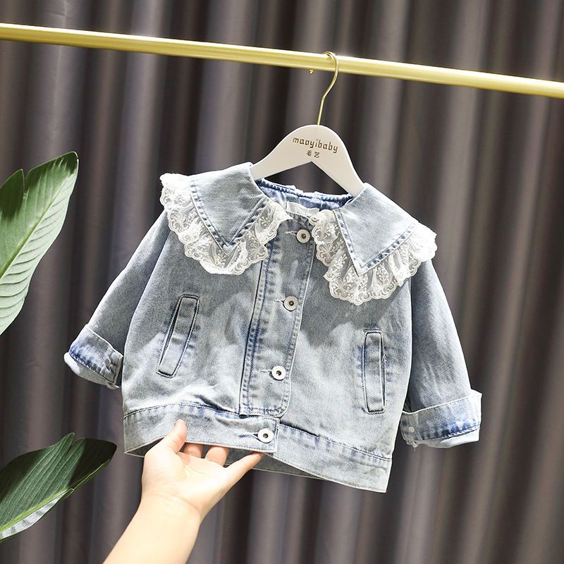 Girl's Denim coat spring and autumn 2020 new children's Korean spring dress girl baby loose lace top