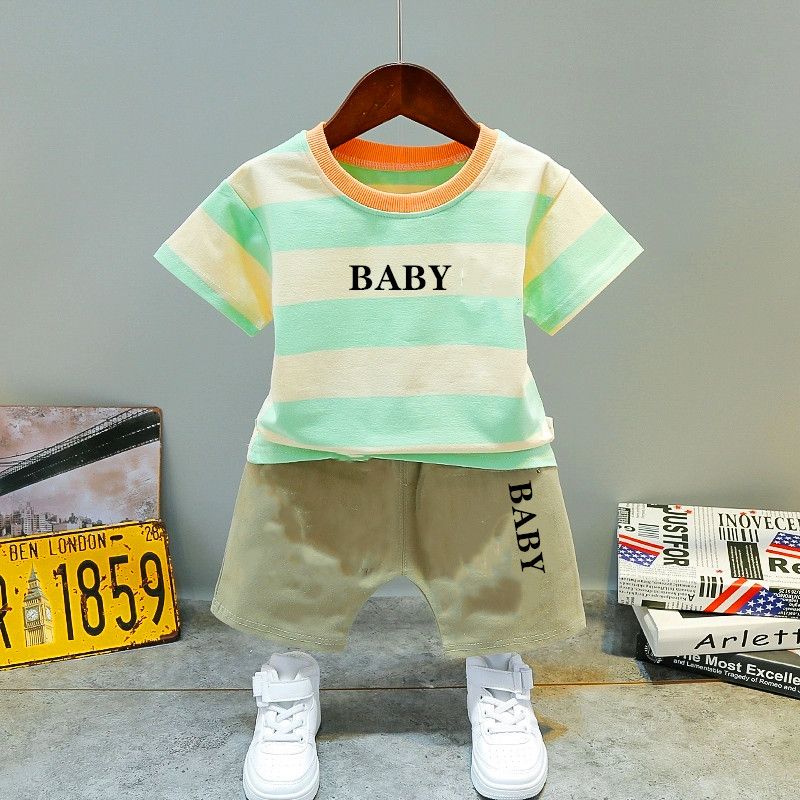 Cotton boys' summer suit 2020 New Stripe children's short sleeve baby T-shirt + shorts