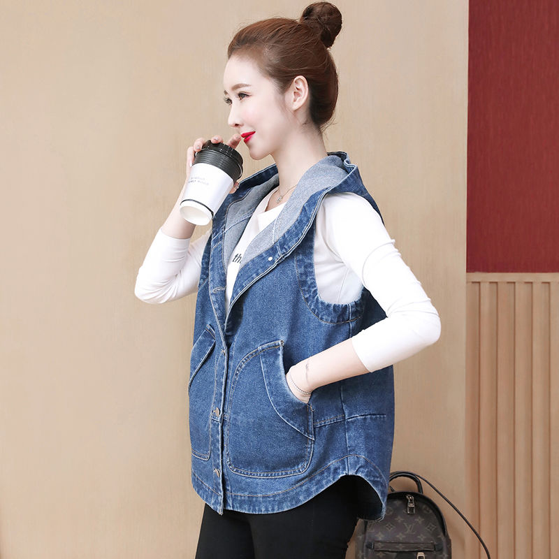 2023 new Korean version spring and summer sleeveless vest solid color loose large size short denim vest casual hooded jacket