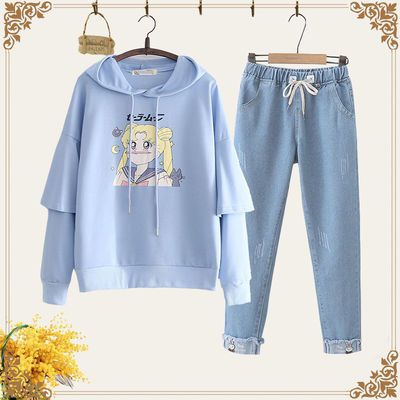 67872/中学生套装女2021春秋新款韩版学院风少女卫衣牛仔裤初中生两件套