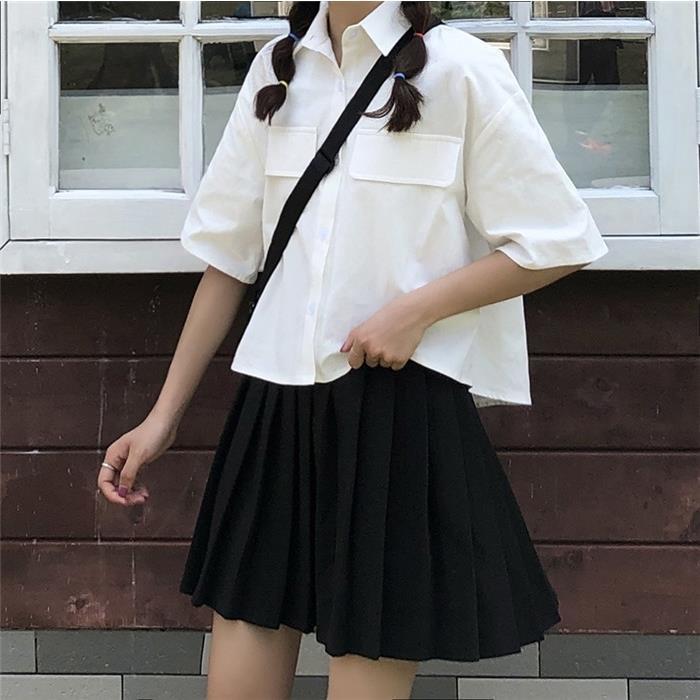 兩件套裝夏季JK制服班服短袖襯衣寬鬆襯衫百褶裙子半身裙學院風潮