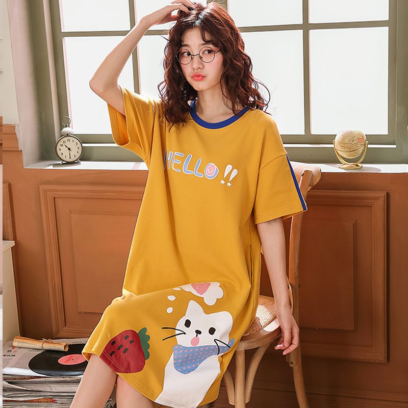 M-5XL cotton nightdress women's summer short-sleeved pajamas XL Korean version mid-length pregnant women's confinement clothes home clothes