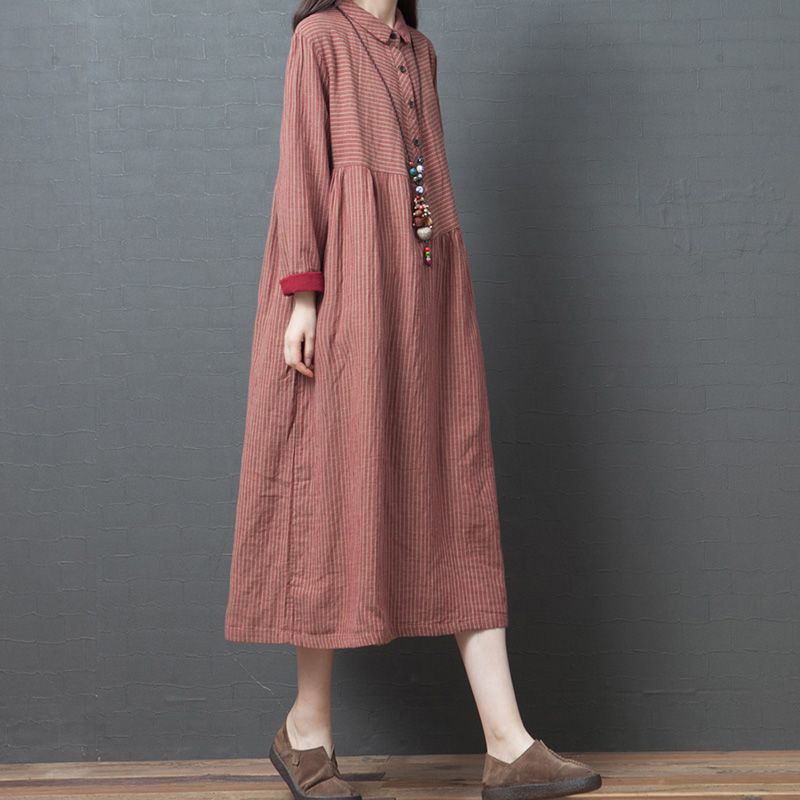 Spring new cotton linen dress women's casual large stripe shirt skirt loose long sleeve Korean linen mid long skirt
