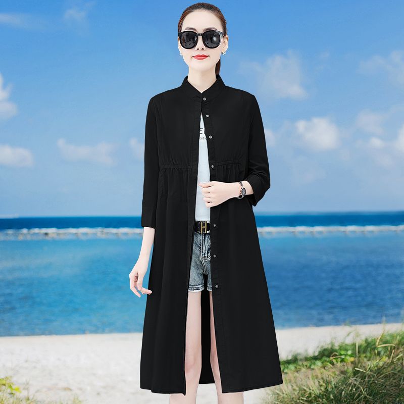 2023 summer new large size cardigan shirt mid-length sunscreen shirt Hepburn windbreaker thin coat women's fashion