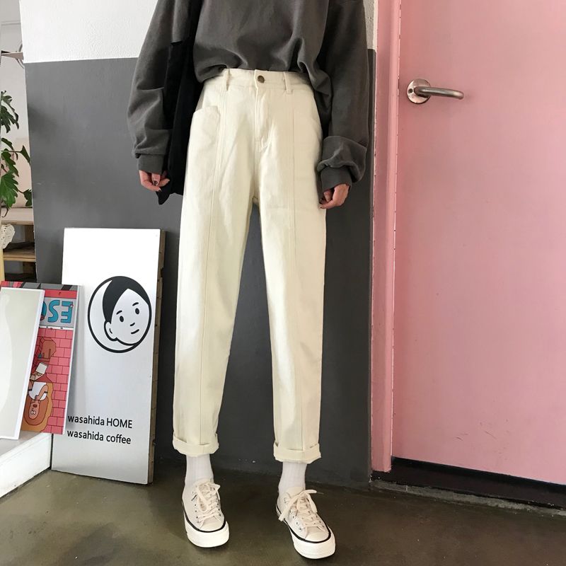 High waist straight jeans female spring and Summer Student Korean loose Capris slim and versatile casual wide leg pants