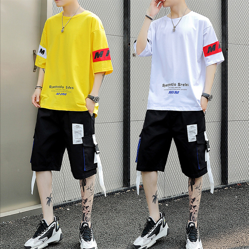 夏季学生韩版潮流男士t恤青少年帅气休闲短袖短裤一套运动套装男