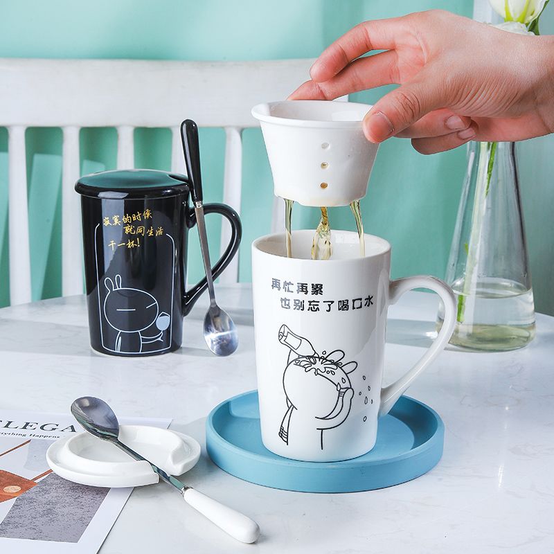 Creative ceramic cup with cover and spoon household coffee cup water cup tea cup milk cup student Mug large capacity