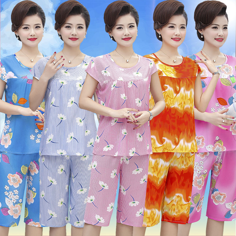 Middle-aged and elderly cotton silk suit elderly cotton silk home clothes mother pajamas summer women's short-sleeved artificial cotton two-piece suit
