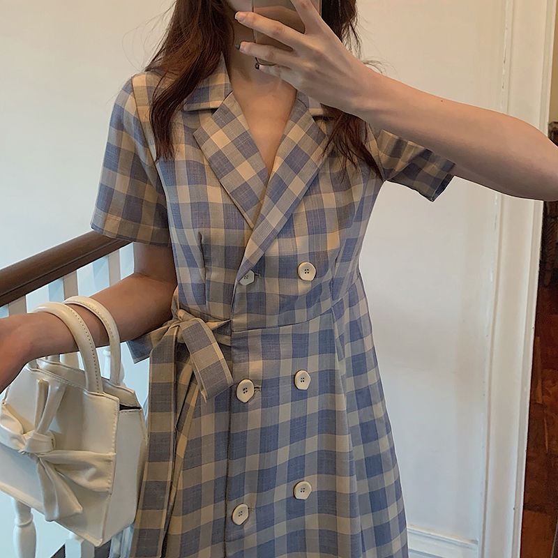 Summer new style small and fresh, small and tall, waist slim, suit collar check temperament short sleeve dress women's wear