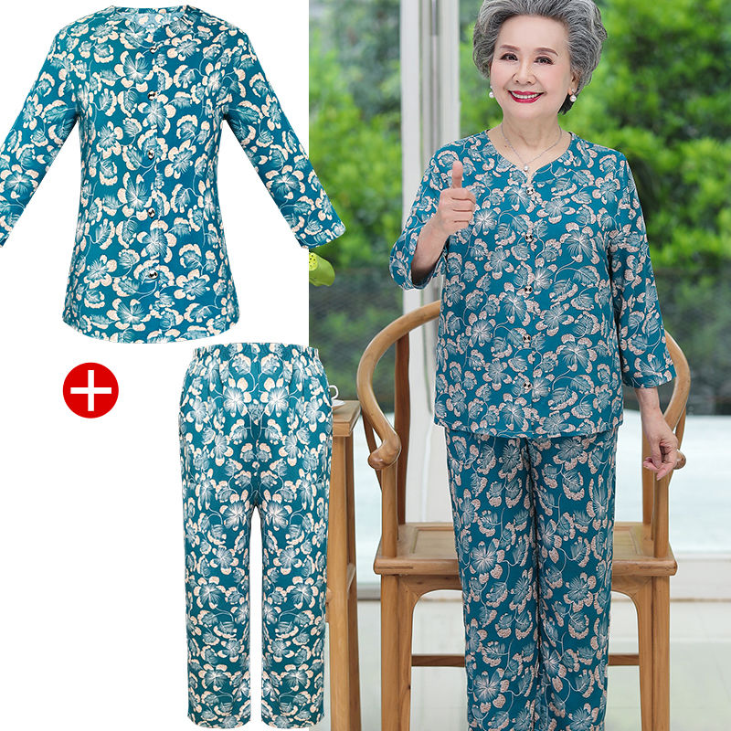 Middle-aged and elderly women's cotton silk long-sleeved pajamas for the elderly two-piece set mother and grandma home service summer artificial cotton suit for women