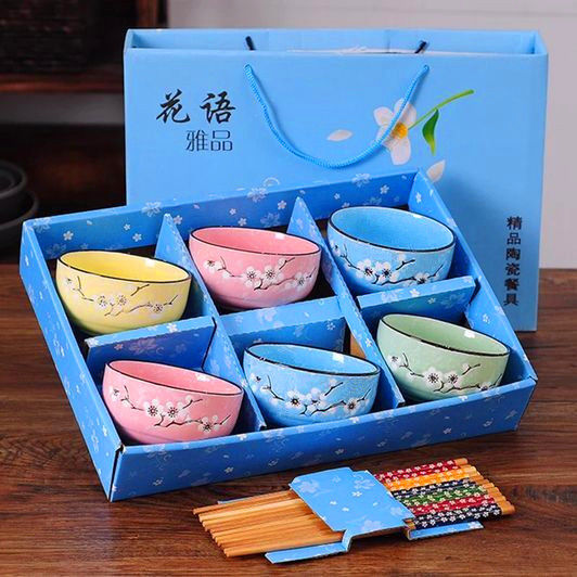 Bowl Japanese household ceramic bowl chopsticks rice bowl hand painted plum blossom ceramic bowl tableware set gift box