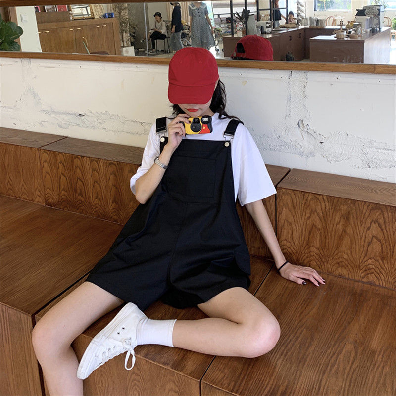 Suspender suit women's summer Korean loose short sleeve shorts with wide leg and one-piece net red two-piece suit