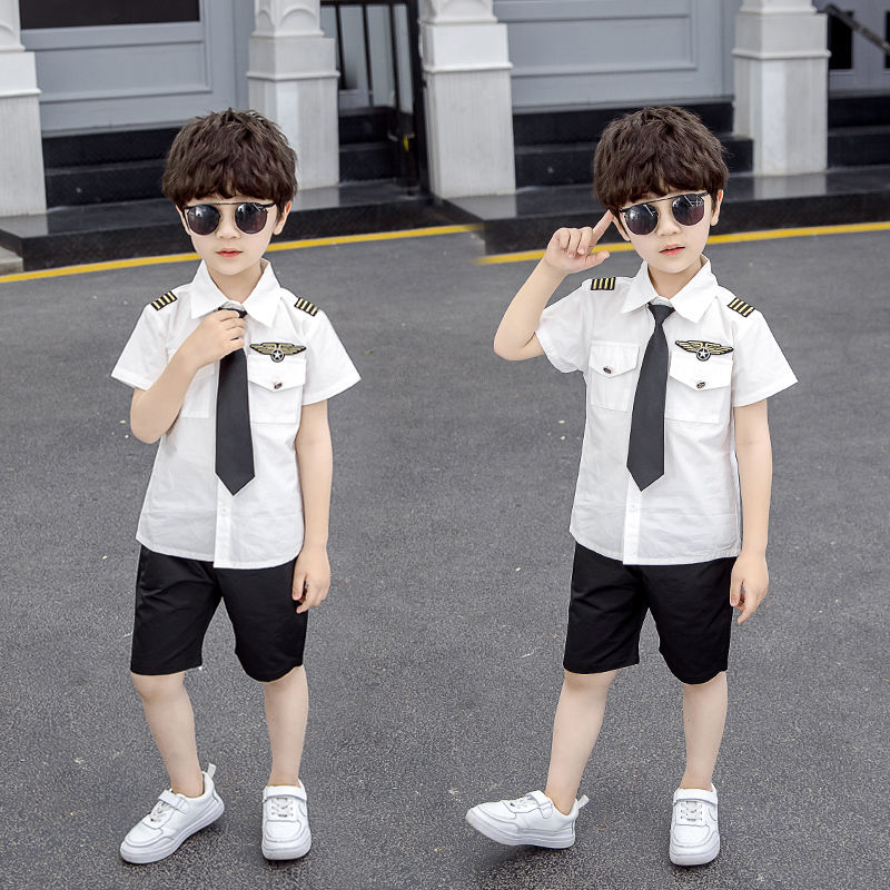 Boys' autumn clothes  new foreign style suit male baby 6 captain's suit 7 long-sleeved shirt two-piece performance suit