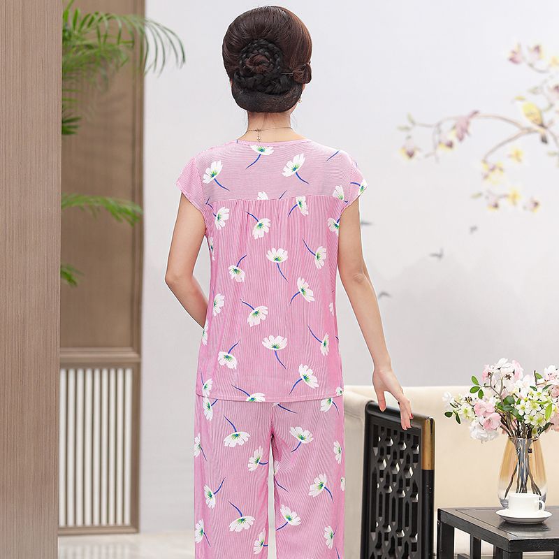 Middle-aged and elderly cotton silk suit elderly cotton silk home clothes mother pajamas summer women's short-sleeved artificial cotton two-piece suit