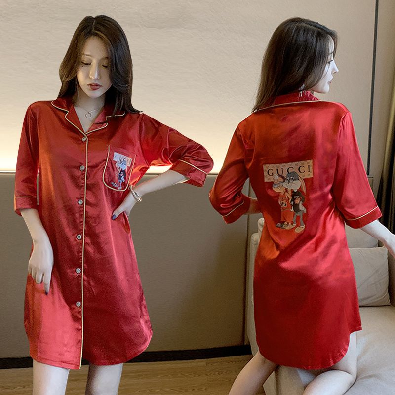 Korean version of nightdress female Xia Bingsi thin section sexy mid-length boyfriend style shirt sentimental clothing men loose large size pajamas
