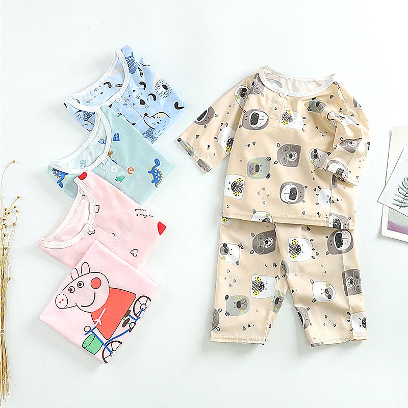 Children's home wear summer new washed cotton suit boys and girls air conditioning clothing thin 7-point sleeve pants pajamas