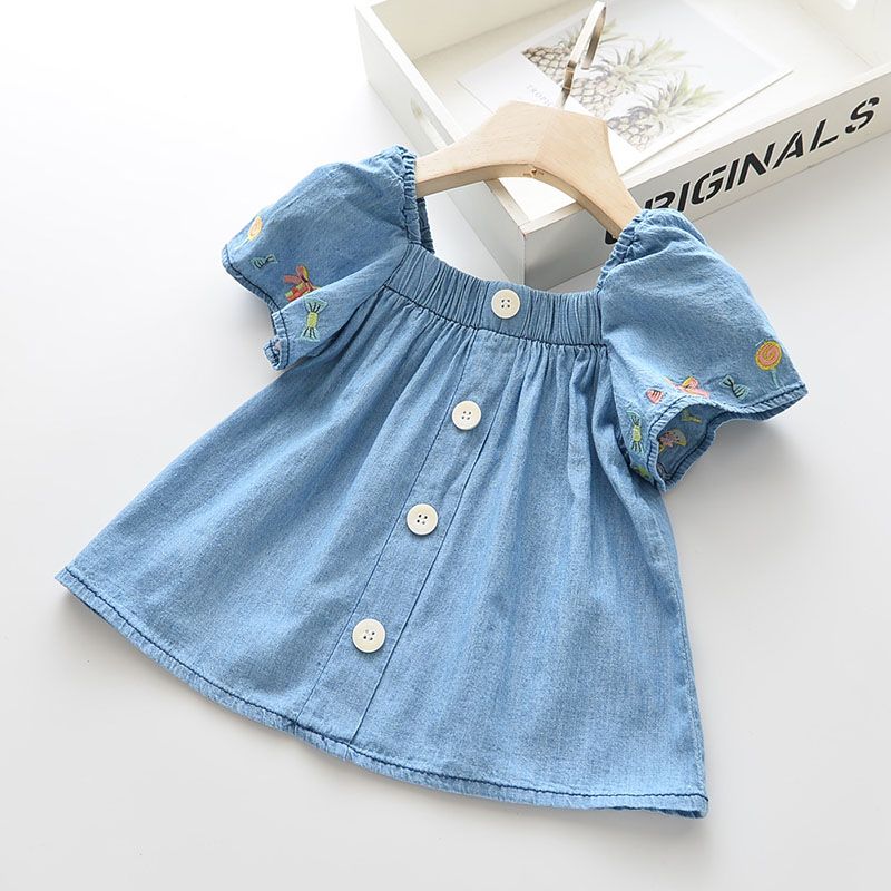 Summer new baby's clothes children's imitation jeans embroidery girls' Raglan cotton short sleeve top white shirt