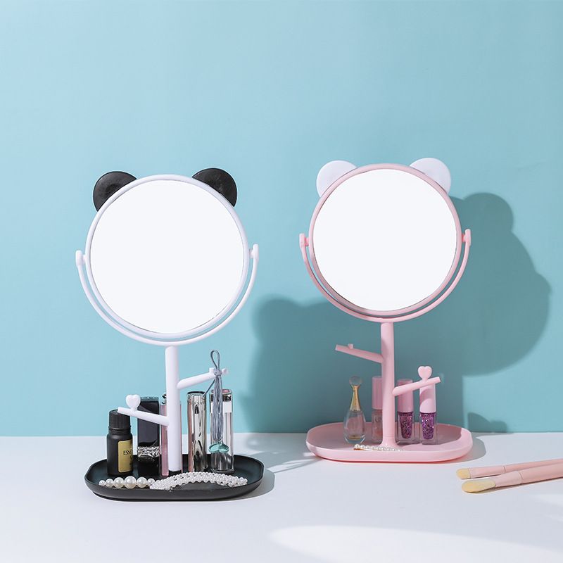 可爱化妆镜台式梳妆镜家用大号旋转带托盘化妆小镜子公主镜美容镜