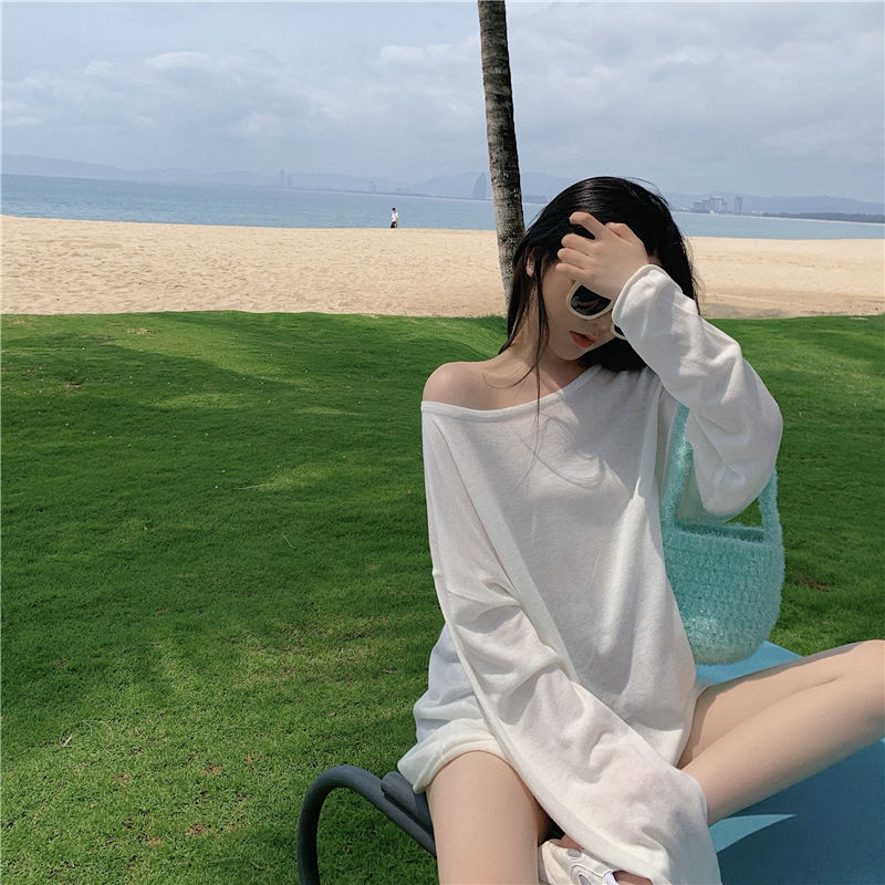 防曬衣女學生韓版寬鬆夏季網紅冰絲鏤空中長款白色長袖t恤上衣ins