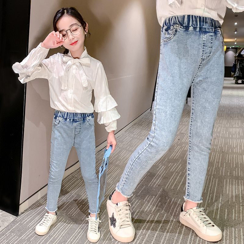 Girls' jeans autumn and winter clothes big boys' foreign style high waisted trousers girls' Korean children's Leggings trousers with velvet