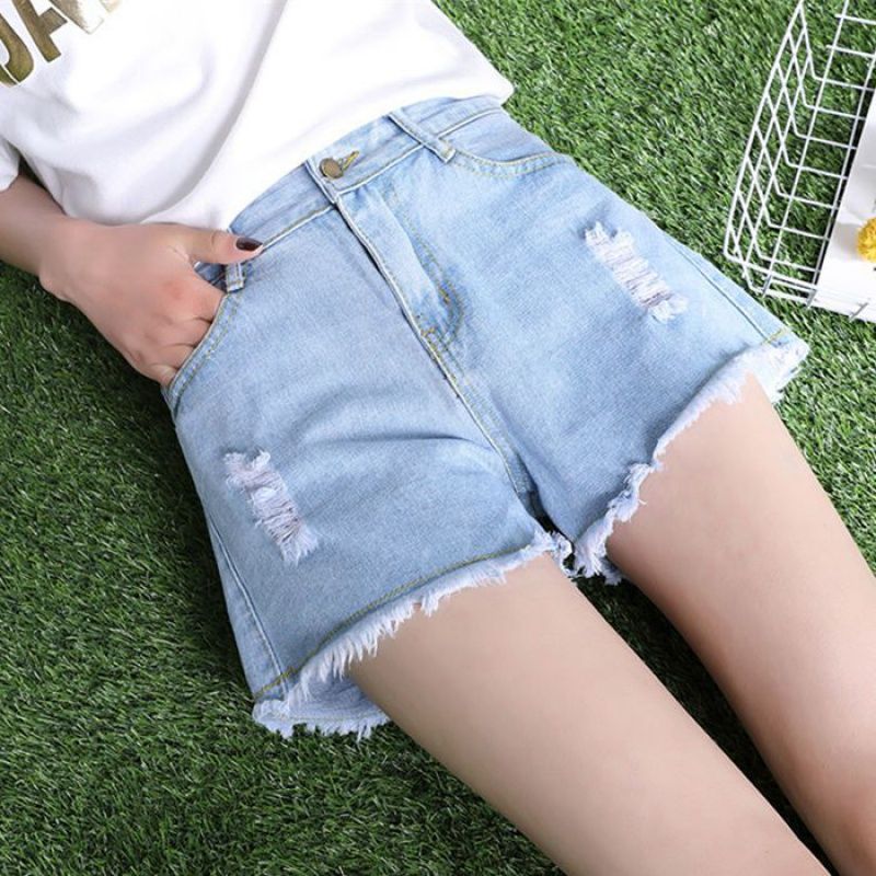 Light color denim shorts women's high waist summer new style burr hole loose show thin straight A-line wide leg shorts fashion