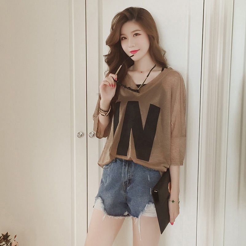 Large T-shirt women 2020 new summer fat sister Korean loose V-neck top suspender two piece Casual Short Sleeve