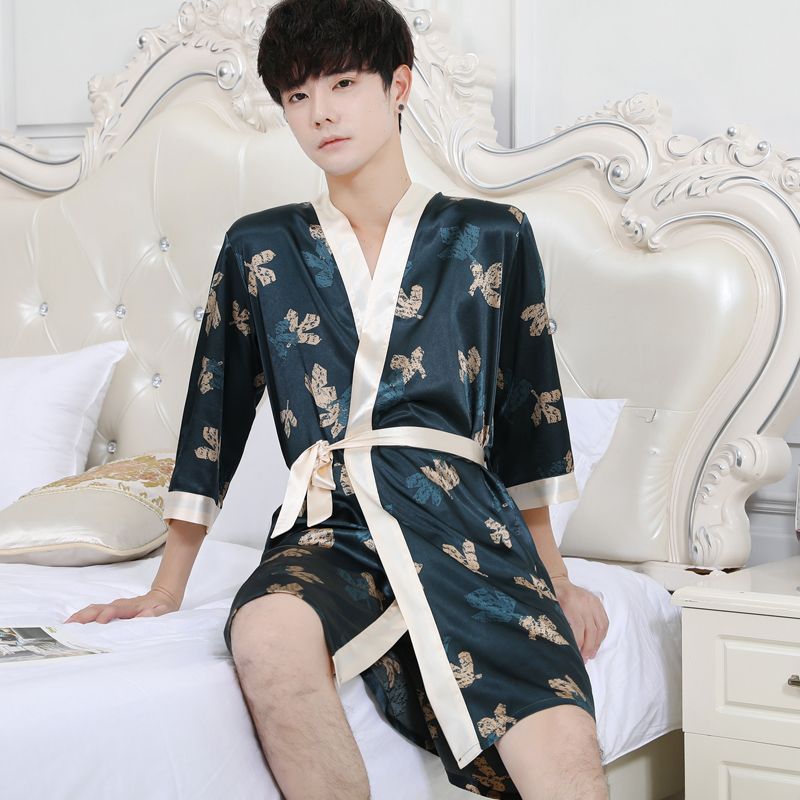 Nightgown men's summer ice thin style one-piece loose Korean pajamas silk spring and autumn home clothes summer bathrobe