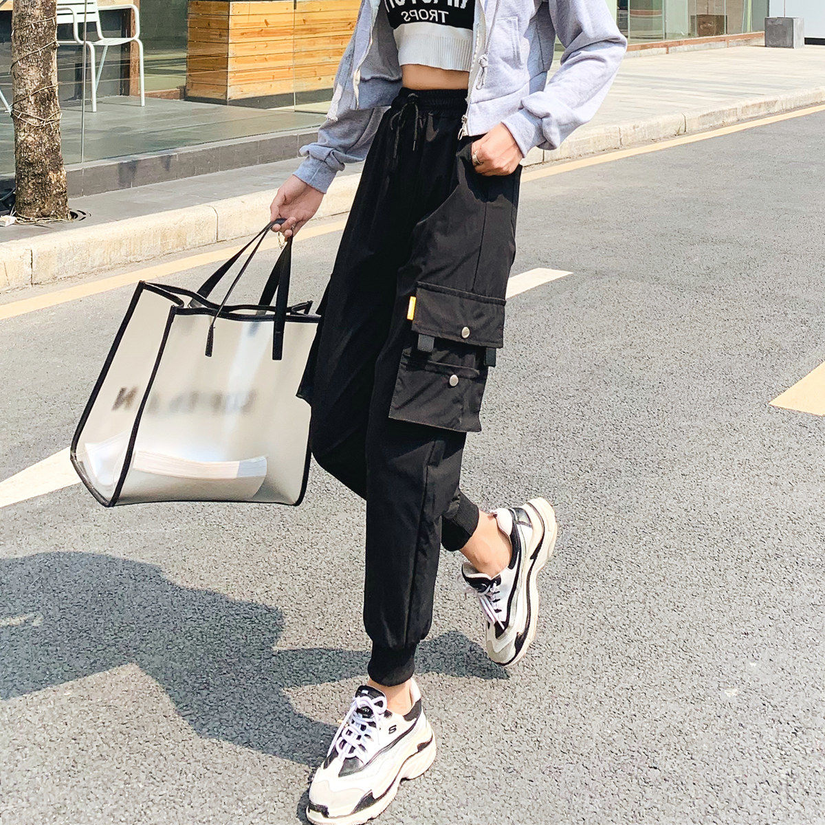 Women's overalls trendy new style loose BF binding feet show thin high waist ins fashion sports leisure students Korean version