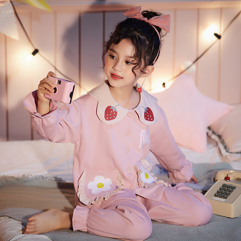 女童睡衣春秋中大童純棉公主風網紅個性寬鬆可愛女孩洋氣新款套裝