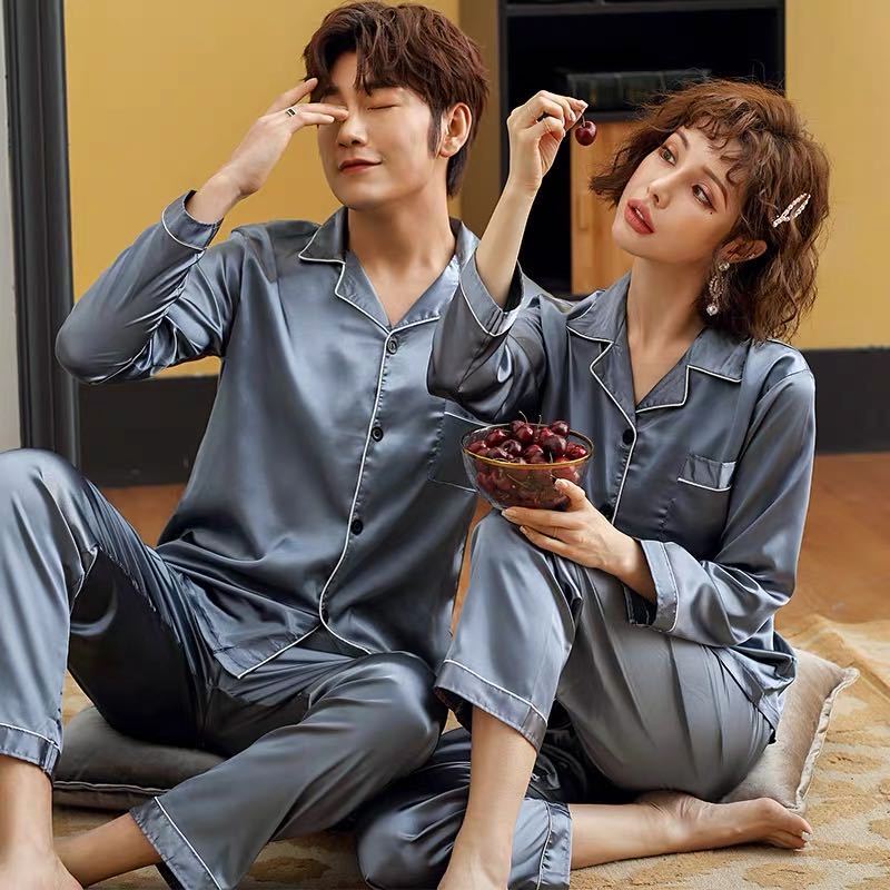 Korean couple pajamas women's summer thin silk pajamas men's long sleeve pants suit sexy autumn home wear