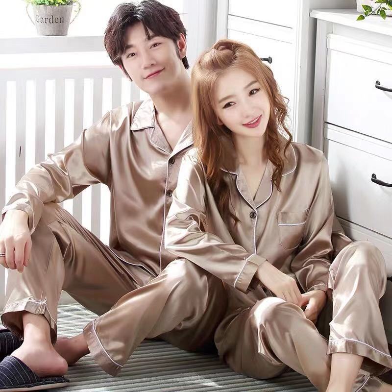 Korean couple pajamas women autumn spring summer imitation silk pajamas men summer long sleeve pants suit sexy home clothes autumn