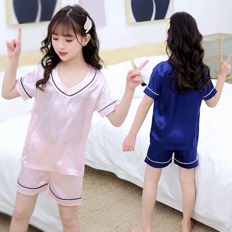 Girls' ice silk pajamas summer thin Pullover children's silk short sleeve two piece girls' air conditioning home suit