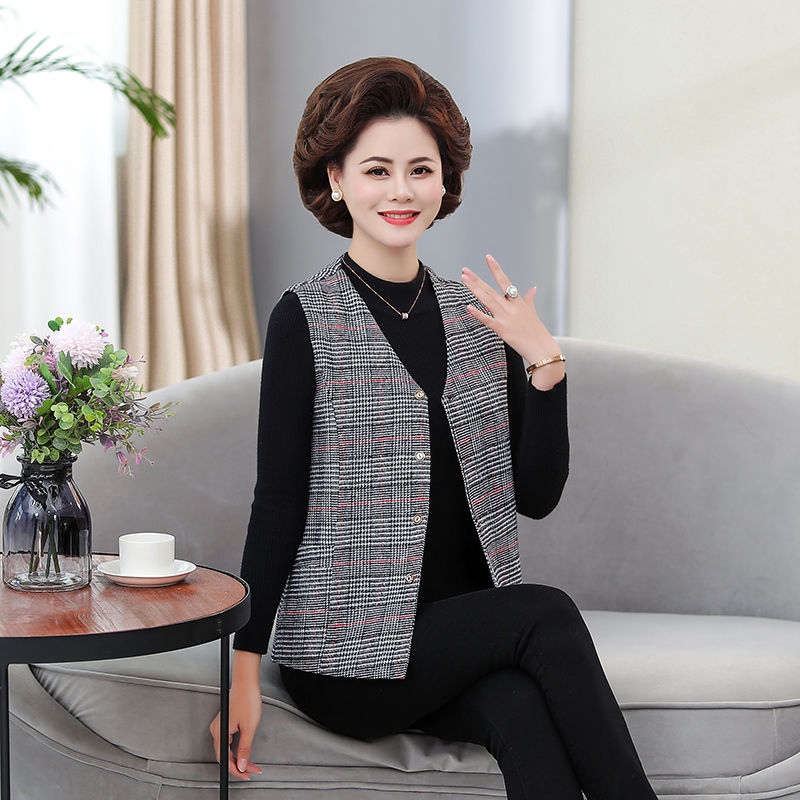 Middle-aged and elderly women's spring and autumn waistcoat thin section loose large-size plaid vest elderly mother's vest vest coat vest
