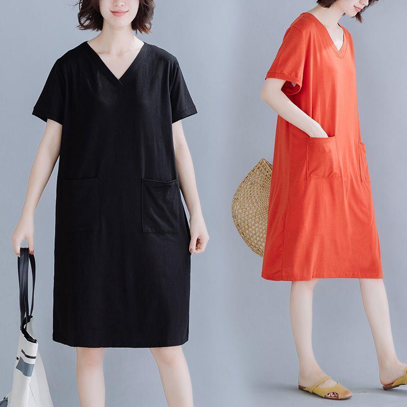 Large loose and slim Korean T-shirt skirt long summer solid color short sleeve V-neck bottomed Shirt Short Sleeve Dress