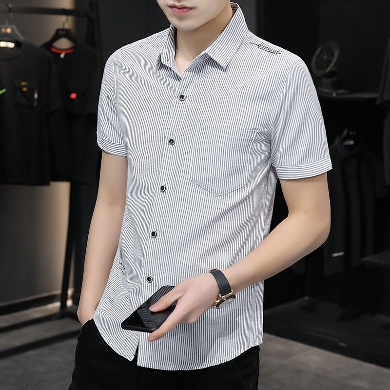Short-sleeved shirt men's summer Korean style trendy handsome shirt business casual men's summer slim-fit clothes gray inch shirt