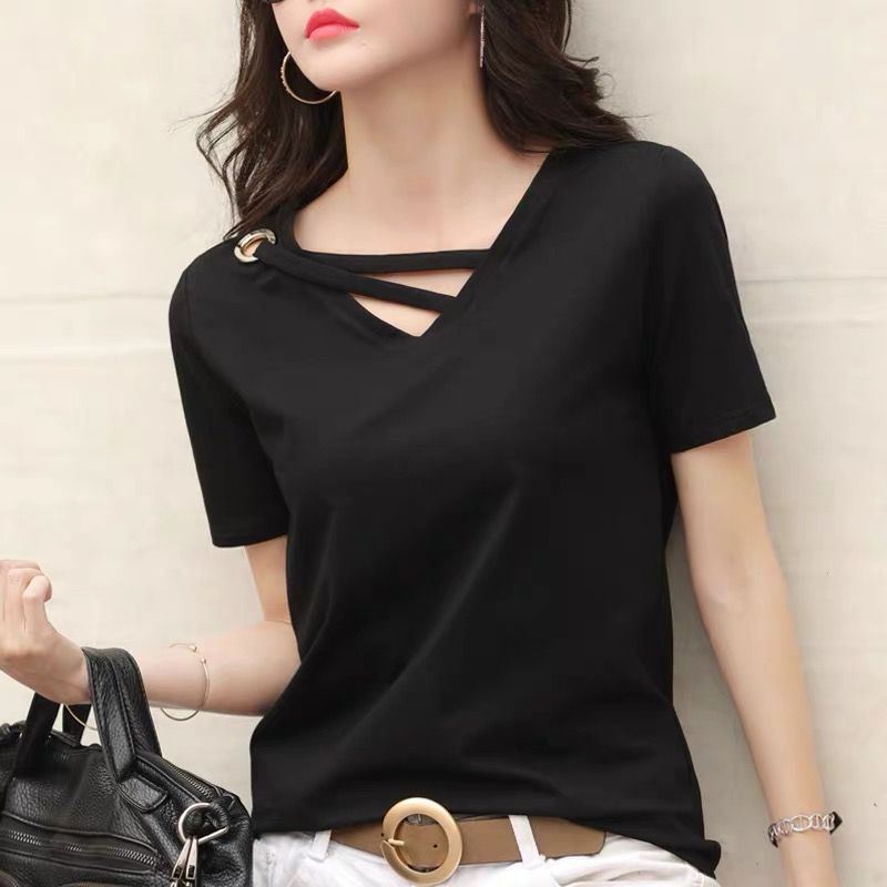 Cotton short sleeve women's new summer white T-shirt women's V-neck loose Korean black top casual T-shirt fashion