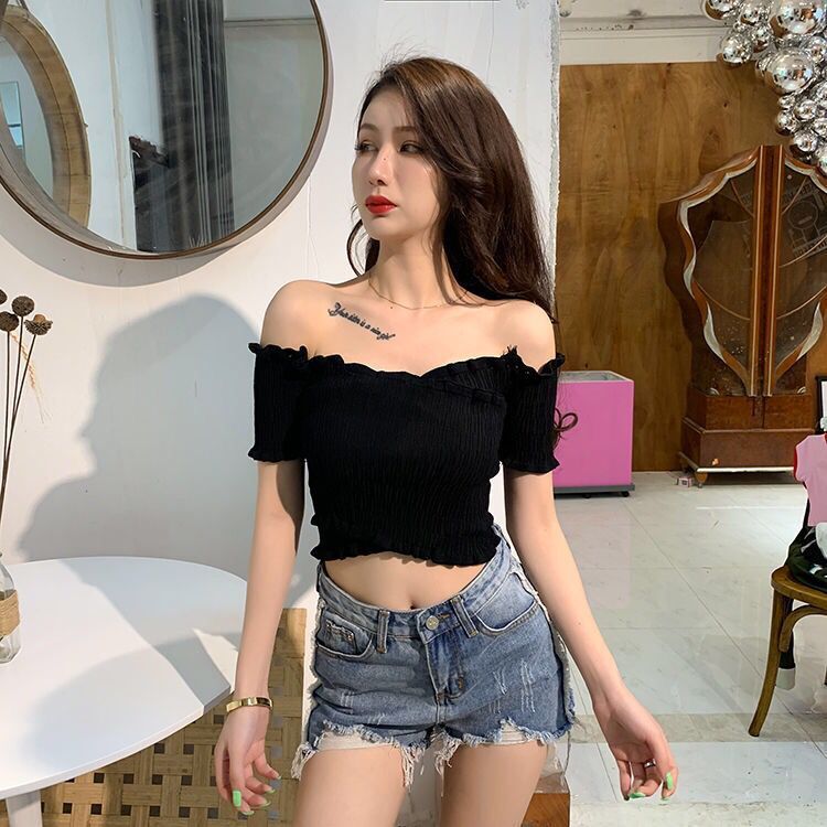Short sleeve women's summer new high waist short leaky clavicle knitted top off shoulder T-shirt
