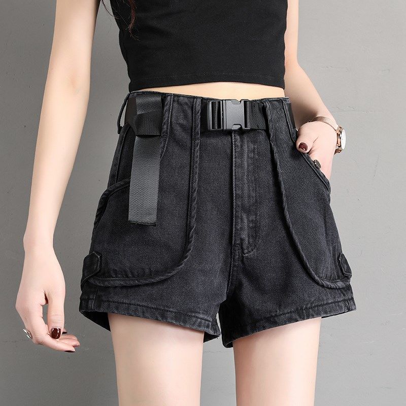 Black Denim Shorts women 2020 summer new Hong Kong style retro slim high waist Korean loose A-line hot pants fashion