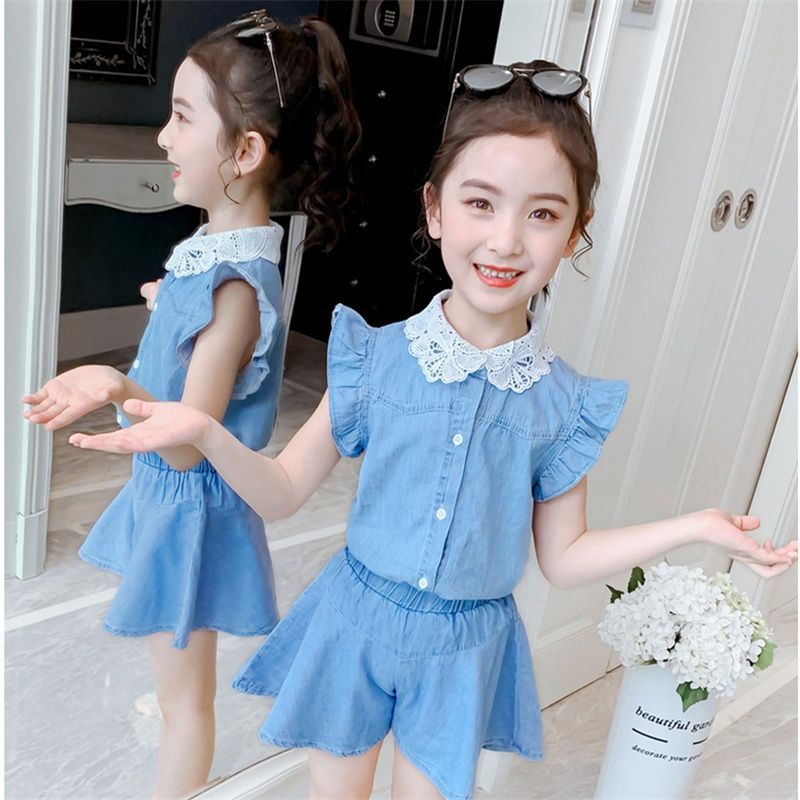 Girls' suit 2020 new summer dress foreign style Korean fashion children's fashionable jeans shorts two piece suit