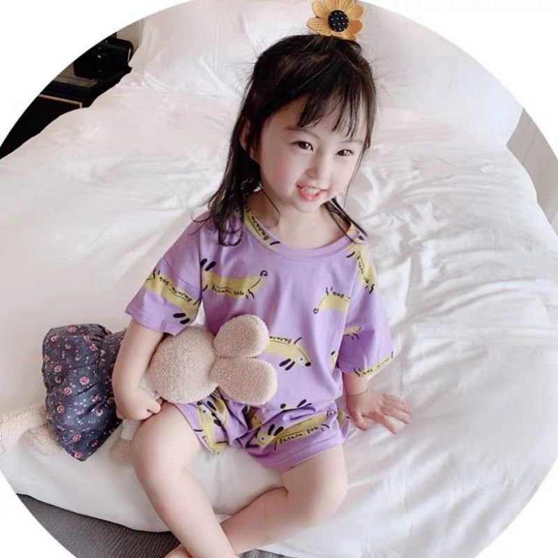 Pure cotton super fire girls' summer pajamas thin children's loose fitting home Suit Girls' short sleeve air conditioning suit