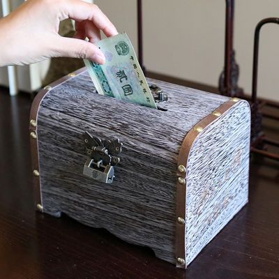 儿童存钱罐只进不出带锁小箱子防盗木存钱箱中国风防摔复古存钱罐