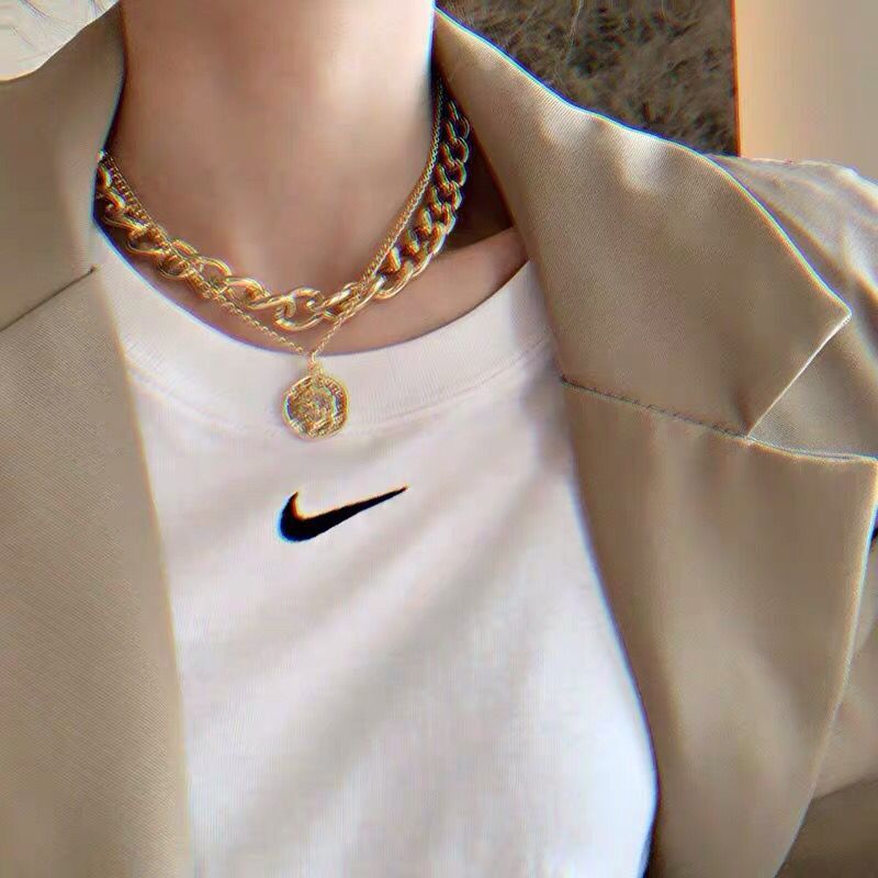 European and American ins retro portrait exaggerated thick chain necklace double personality chain hip hop neck chain short clavicle chain