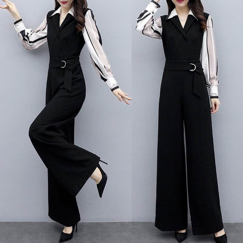 Spring and Autumn Jumpsuit Women's 2023 Spring New Korean Fashion Casual Black Jumpsuit High Waisted Wide Leg Pants Suit