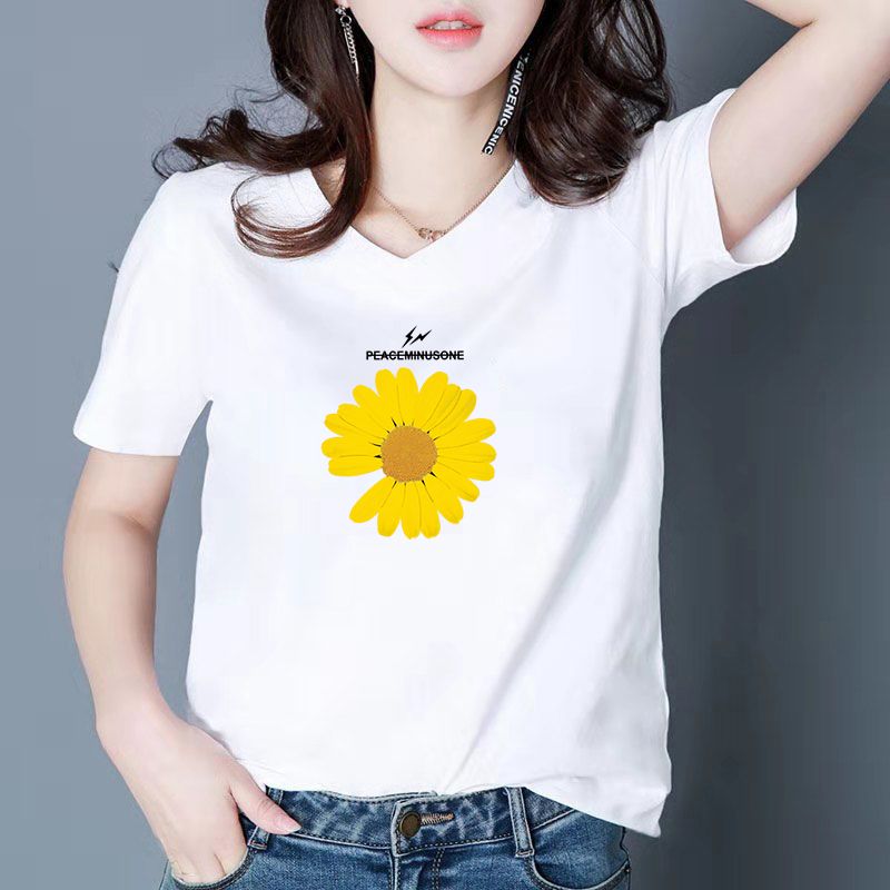 纯棉黑白色v领短袖t恤女韩版宽松2020新款夏季雏菊上衣大码女装潮