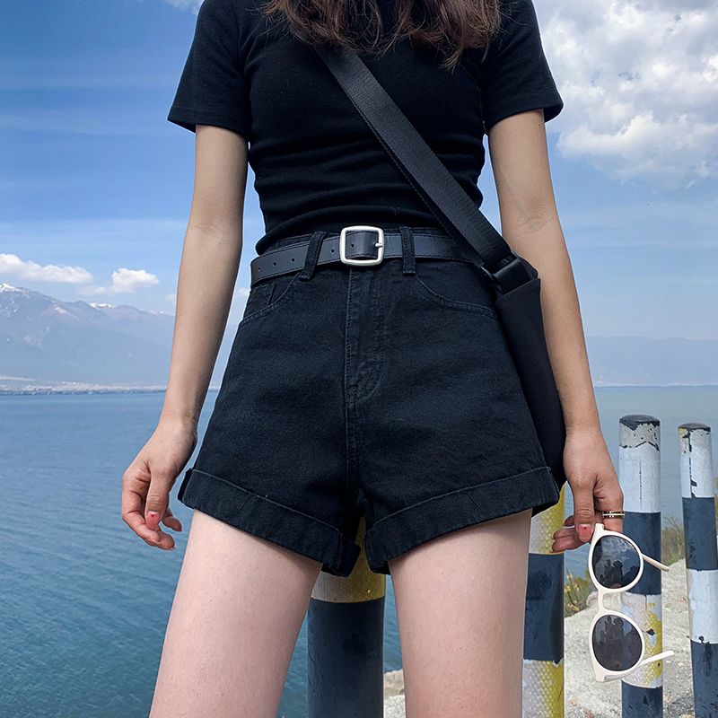 2020 summer new black denim shorts women's high waisted Korean loose thin wide leg curled hem A-line hot pants