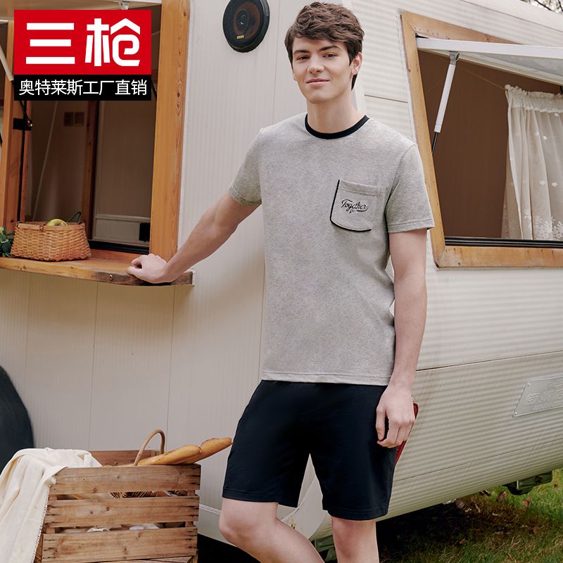 Men's spring and summer water soft elastic cotton round neck leisure short sleeve Shorts PAJAMAS and pajamas