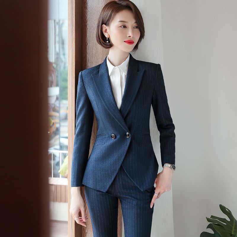 職業套裝女2023新款面試正裝氣質條紋西裝商務時尚工裝銷售工作服